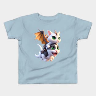 White Dragon Cat & Friend - The Dragon Cat Collection Kids T-Shirt